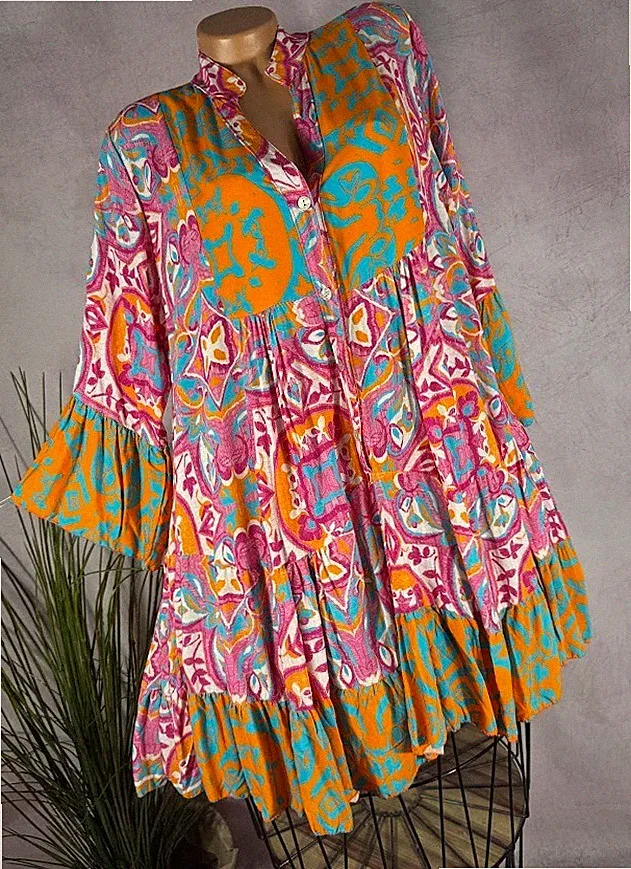Neu Italy KLEID Stufen TUNIKA Alinie Volantärmel M1 40 42 44