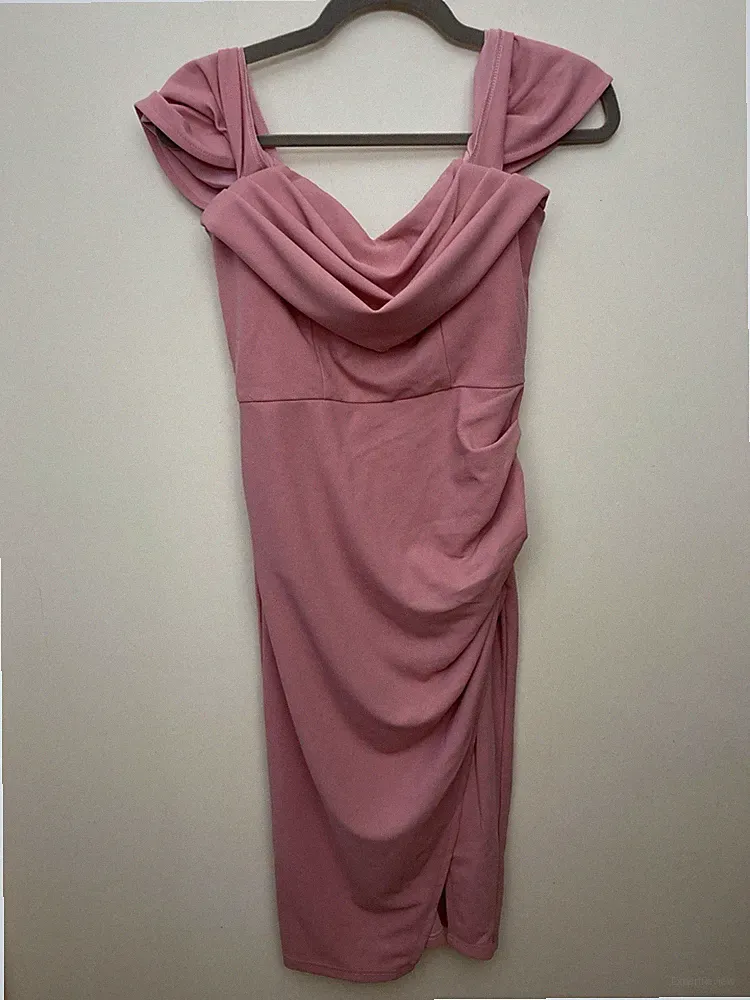 NEU JJ’s House Altrosa Rüschen Midi Anlass Kleid UK S Hochzeit Gast