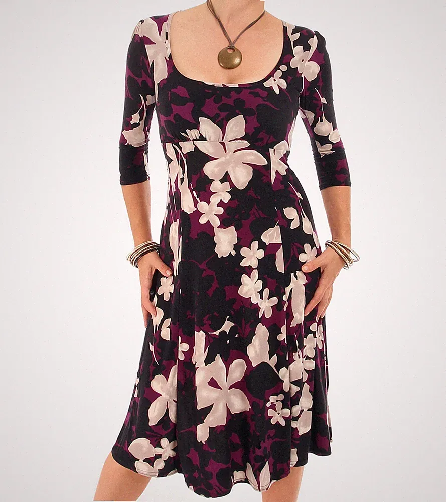 Neu Just Blue Blumenmuster A-Linien Kleid 3/4-Ärmel Teal Plum