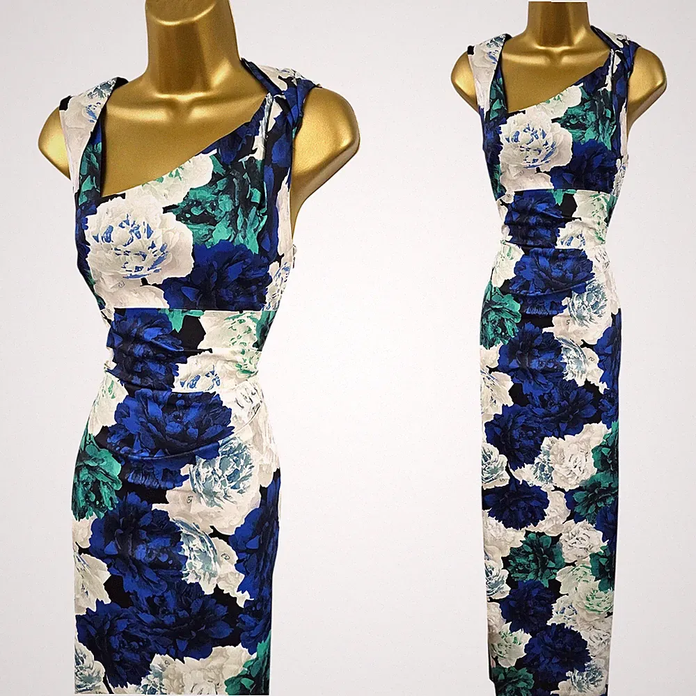 Neu Karen Millen 12 UK Vintage Satin Blumen Rosenmuster langes Maxi Bleistiftkleid