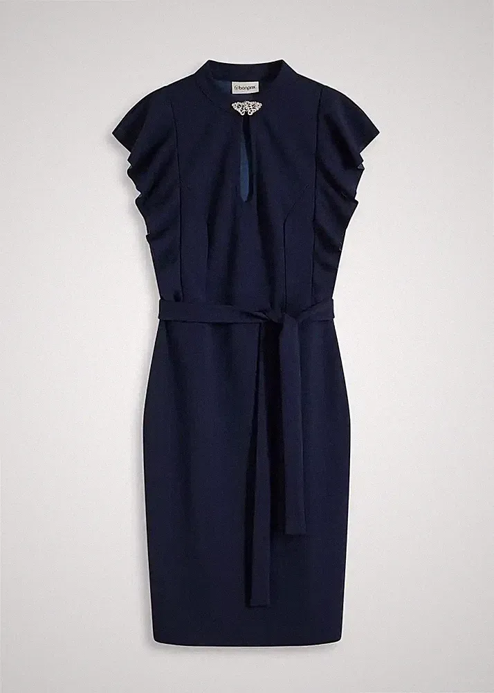 Neu Kleid mit Zierknöpfen am Ausschnitt Gr. 48/50 Dunkelblau Damen Etuikleid