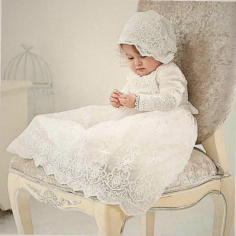 Neu Langarm Taufkleid Baby Mädchen Partykleid Spitze Hochzeit Kinder Kleidung