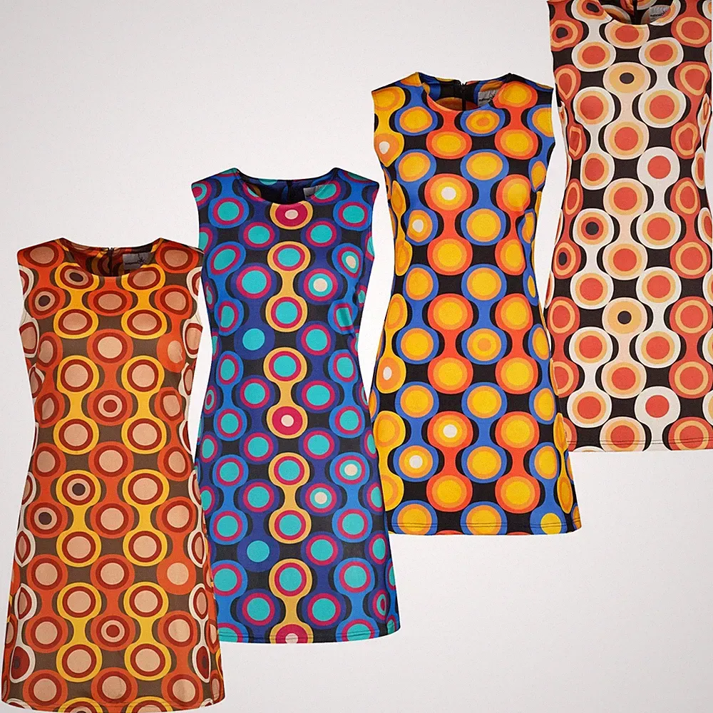 NEU MADCAP RETRO MOD 60er 70er ÄRMELLOS A-LINIE KLEID DAYTRIPPER PSYCH-OUT MC555