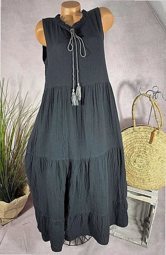 NEU Maxi Stufen KLEID Tunika Musselin crinkle Alinie Italy SCHWARZ 38 40 42