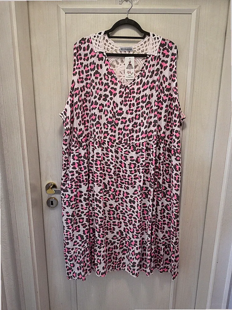 Neu- Midi Kleid „KlassikLeo Ornament “ VA, Ärmellos,A-Linie Grau Pink 54/56