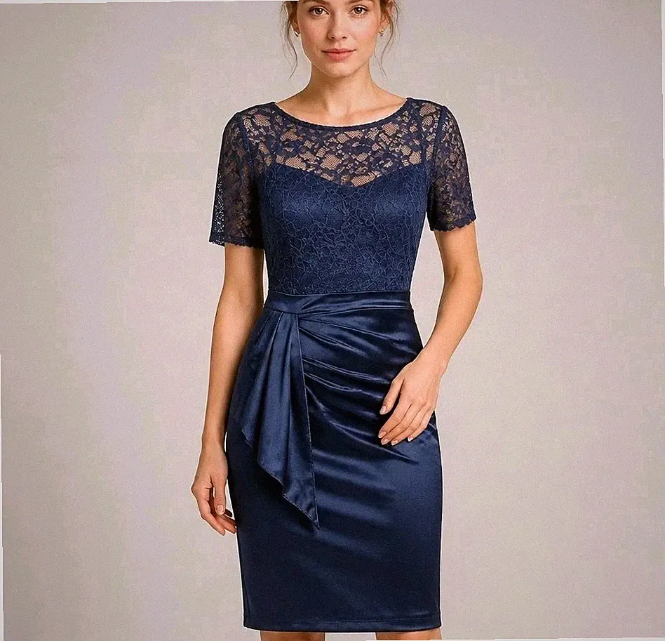 Neu mit Etikett dunkelblau Spitze Satin Bleistift Midikleid UK 8 Small Hochzeit Gast Anlass