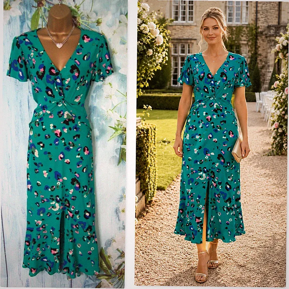 NEU Next Love & Roses grün Leopardenmuster Midikleid Größe 16 Hochzeitsgast Twist