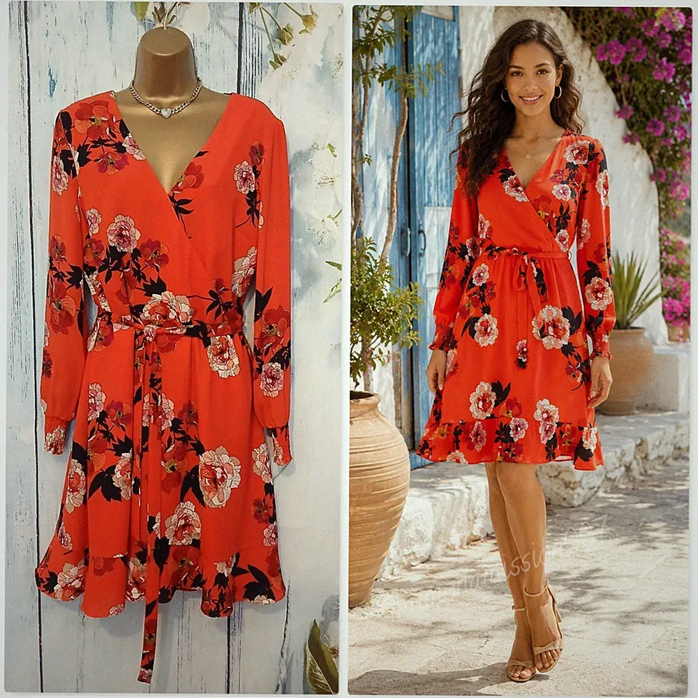 NEU Oasis rot Blumen Wickel Midi Kleid UK 14 16 Hochzeit Gast Anlass Langarm