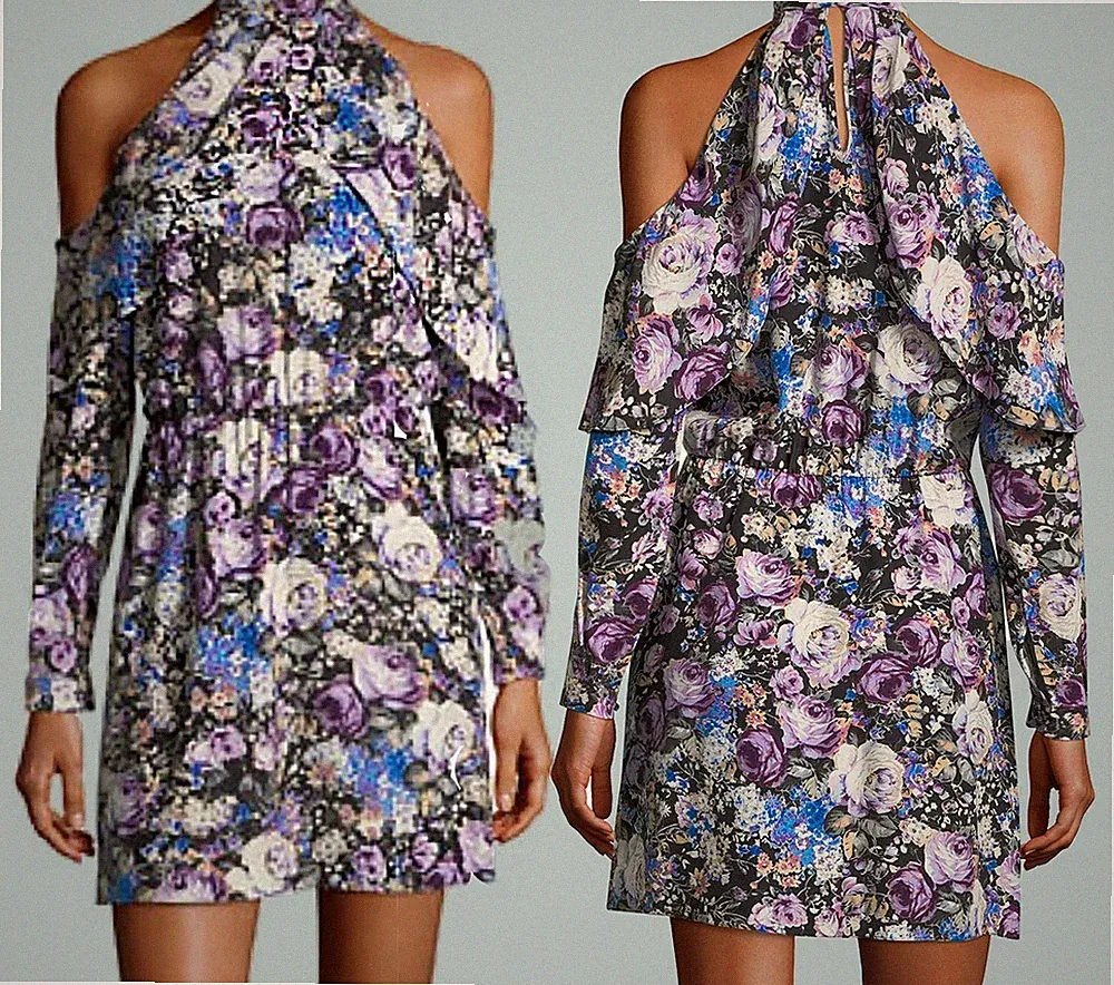 NEU PARKER Damen Lila 100% Seide Bedruckte Kalte Schulter 2XS XS S M Kleid $318