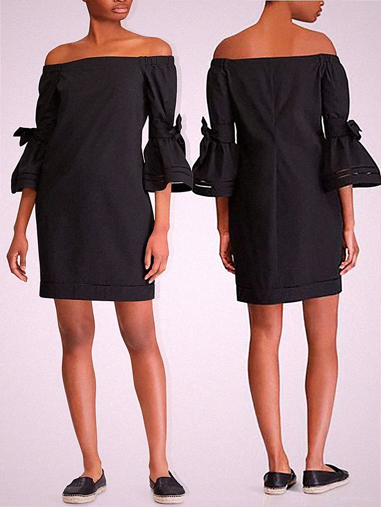 NEU RALPH LAUREN Damen Schwarz Shulterfrei Glockenärmel Baumwoll Kleid S XS $135