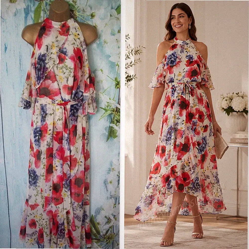 Neu römisches Mohnblumen Chiffon Neckholder Kleid UK 18 Hochzeit Gast Anlass Kreuzfahrt