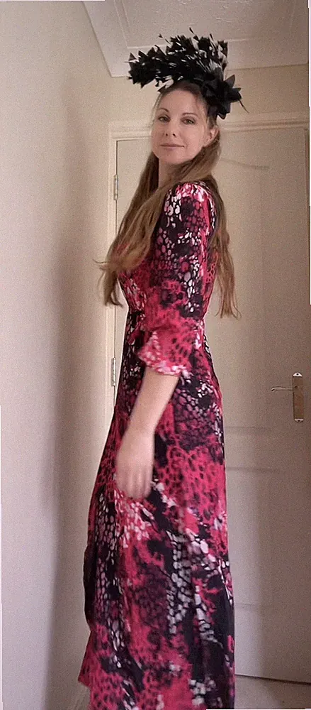 NEU schwarz fuchsia pink Druck Wickelkleid 10 JQ Hochzeitsgast Damen lang UK
