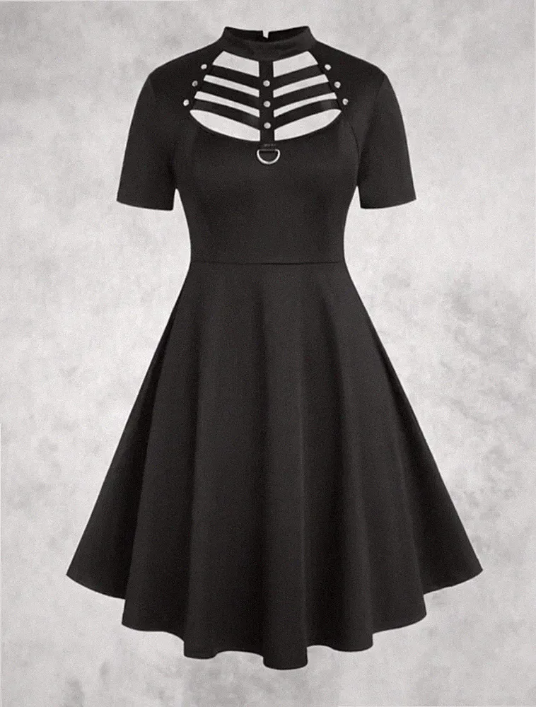 Neu schwarz Gothic PU Leiter vorne Nieten kurz süß sexy Kleid Gr L 16 18 20