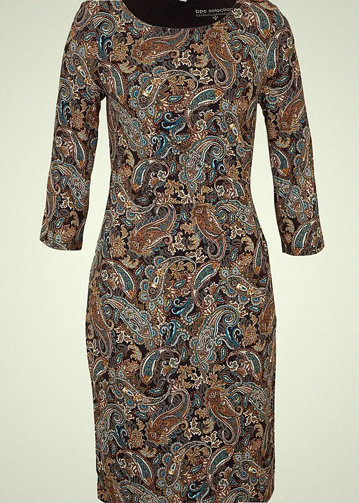 Neu Shirtkleid Gr. 40/42 Schwarz Beige Paisley Damen-Kleid Etuikleid mit 3/4 Arm