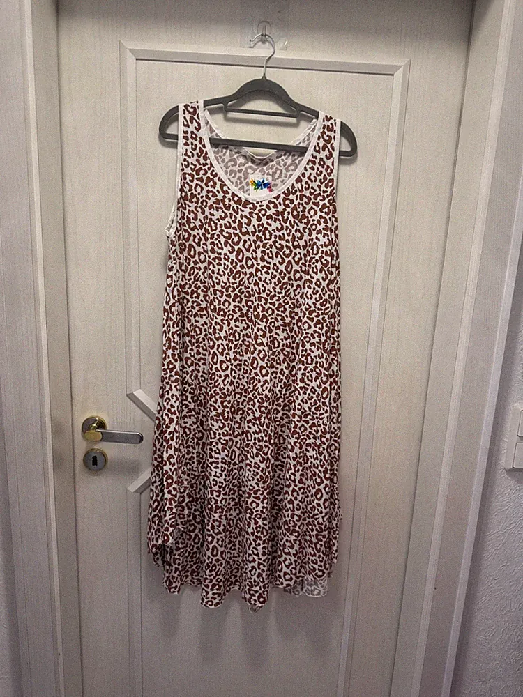 Neu- Sommer Kleid „Leo“ Rundhals, Ärmellos,weite ALinie,Braun Weiß 48/50/52