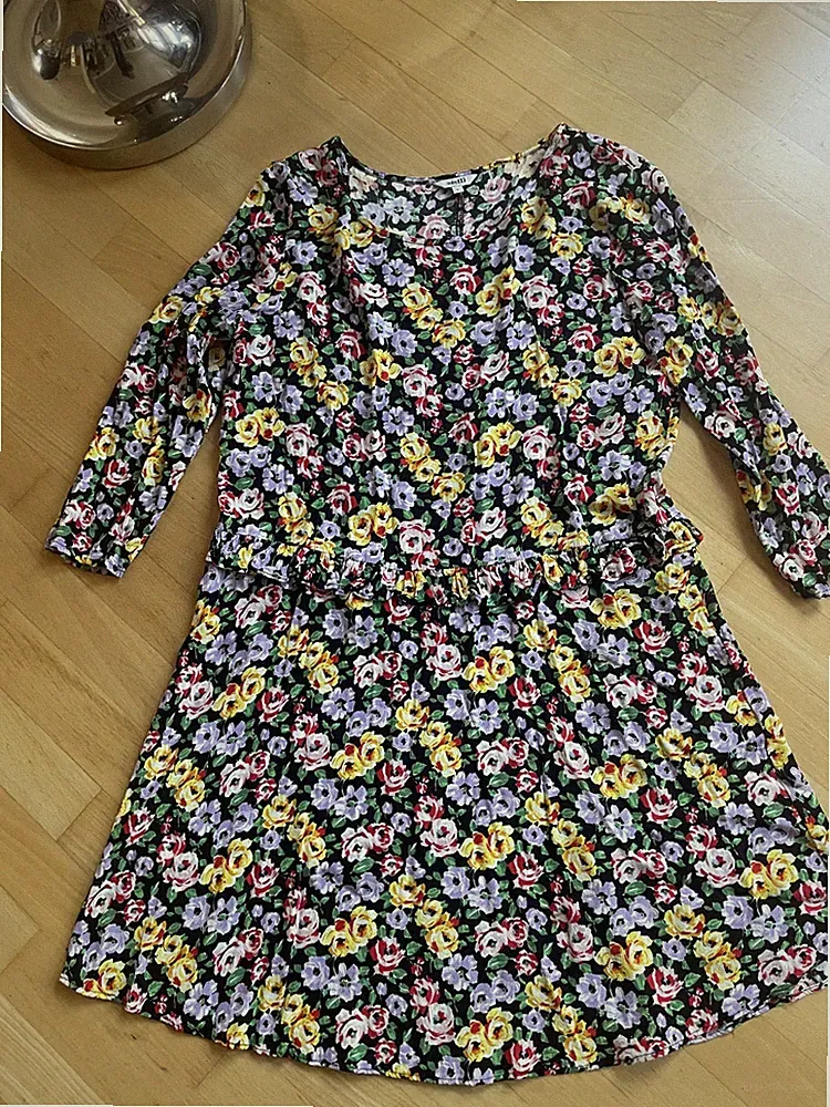 Neu w. buntes Kleid Blumen Muster Gr.40 schwarz bunt A Linie 2/3 Arm lässig Look