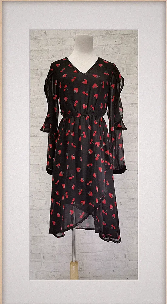 Neu Wanssy Damen langarm Kleid schwarz Früchte süß besonders Größe XS 706-5310
