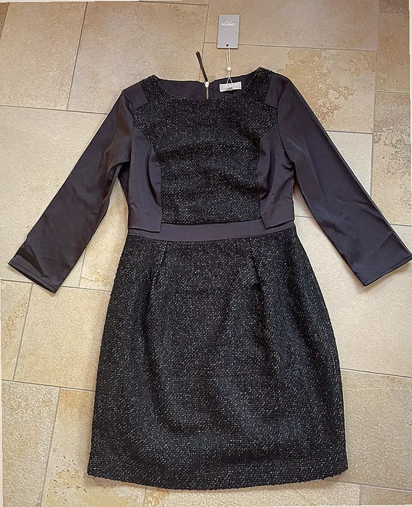 NEU Zalando Collection Damen Kleid Etuikleid Strick Wolle Satin Schwarz Grau S