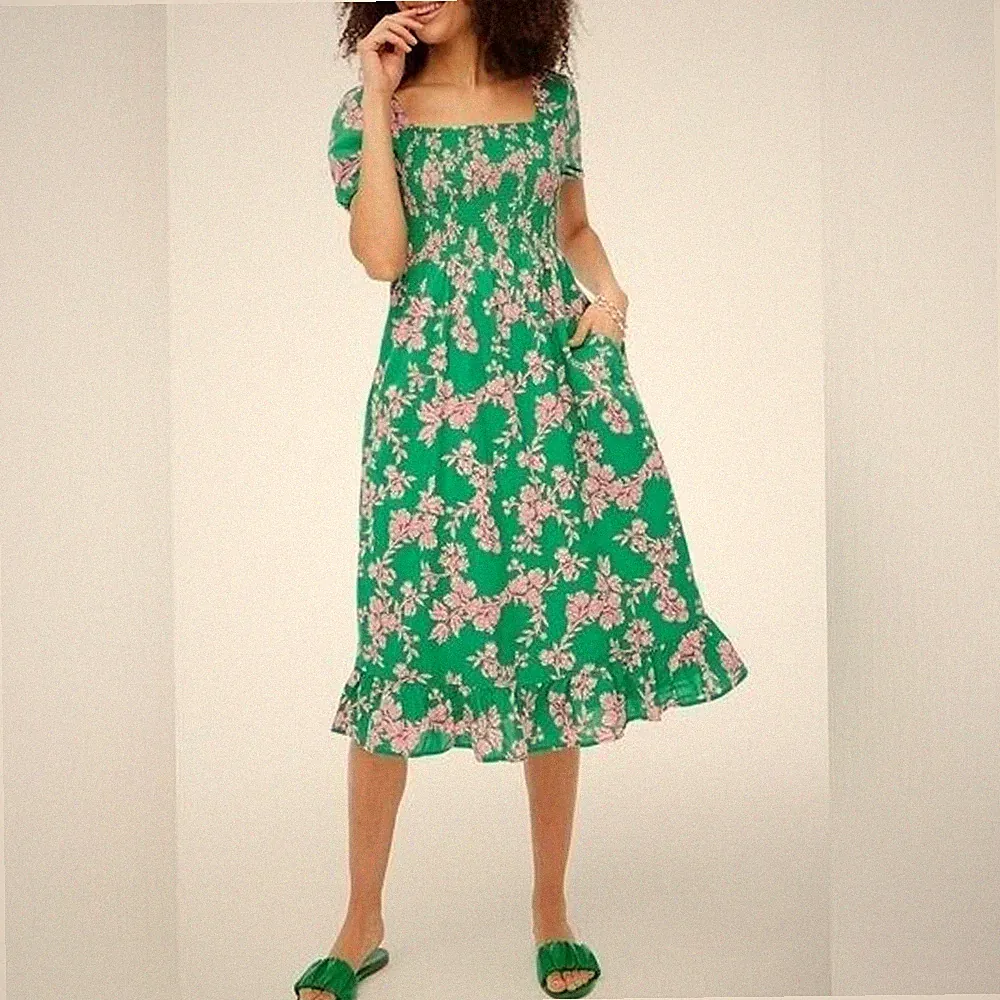 Neues J. Crew Smocked Midi Kleid Mit Puffärmeln Größe XS Grün/Pink Blumenmuster