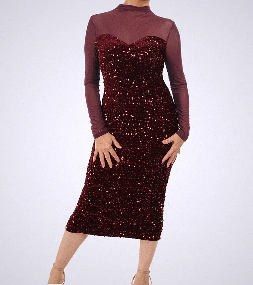 Neues Midi-Bleistiftkleid aus Samt mit Pailletten und transparentem Netz - Langarm