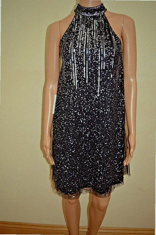 Neues schwarzes Swing-Kleid Neckholder von Lipsy mit Paillettenverzierung Gr. UK 6