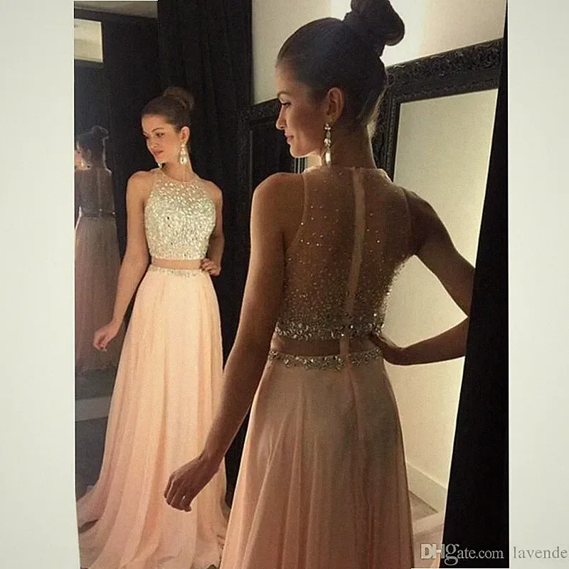 Neues zweiteiliges Chiffon Abendkleid mit Perlen Kristall Palletten