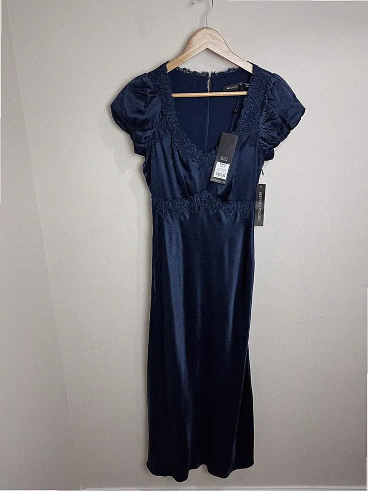 Neuwertiges Maxi-Schlupfkleid Samt marine Größe 6 Satin Spitzenbesatz Hochzeitsgast UVP 199 £