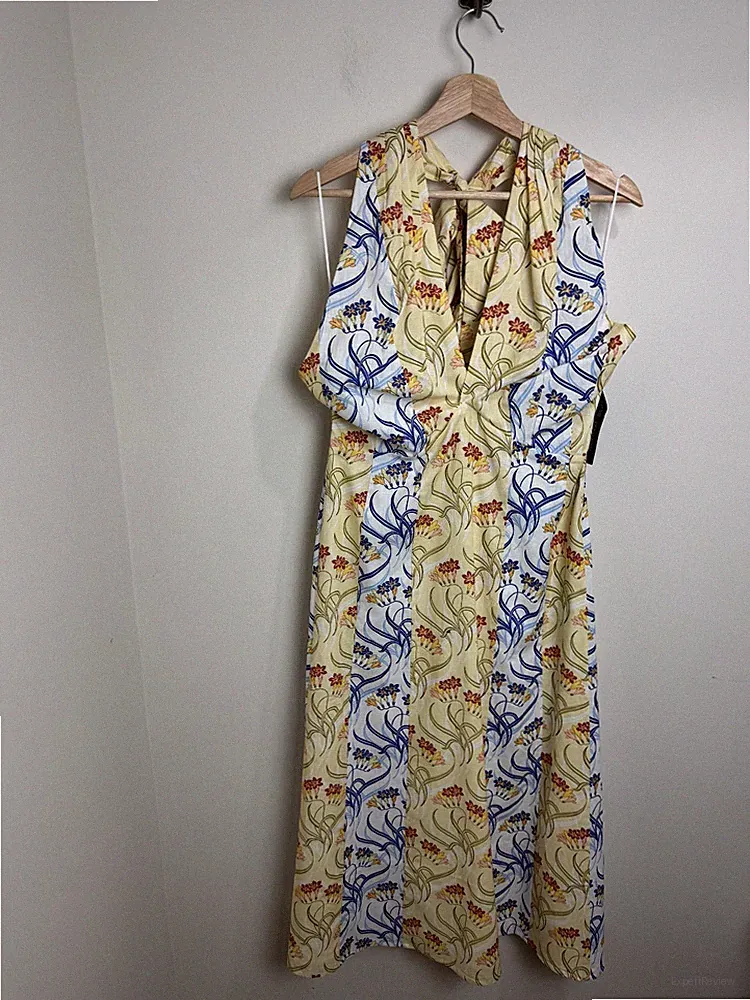 Neuwertiges Midikleid Samt gelb Blumen Größe 14 Neckholder Baumwolle A-Linie UVP 150£