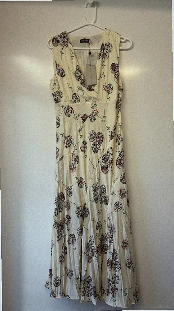 Neuwertiges Samt-Midikleid Damen creme Blumenmuster Crinkle UK 10