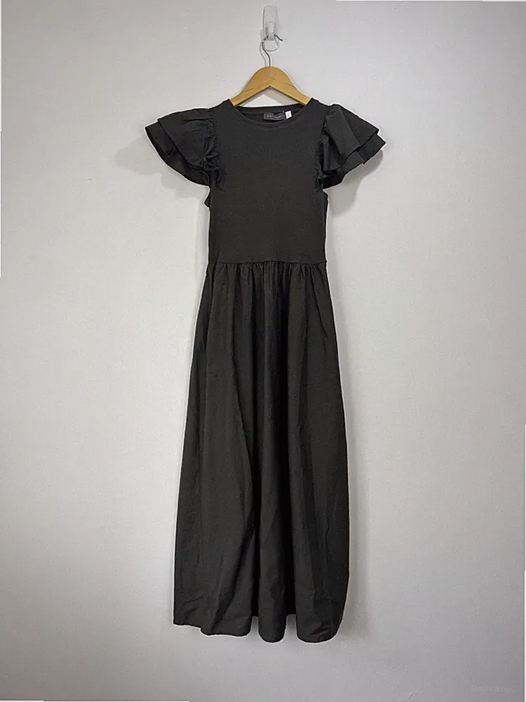 Neuwertiges Samtkleid Damen Gr. S Khaki Grün Baumwolle Midi Rüschenärmel Taschen