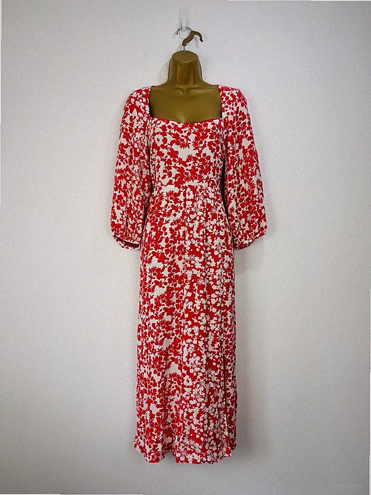Neuwertiges Samtkleid Damen Größe 10 rot weiß Blumen Midi Puffärmel Schlitz gerafft