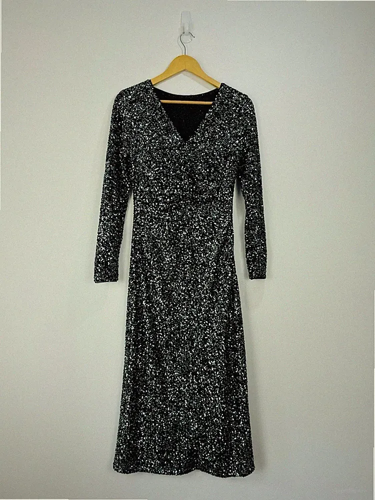 Neuwertiges Samtkleid Damen Größe 8 Grün Pailletten Midi V-Ausschnitt Anlass Weihnachten Party