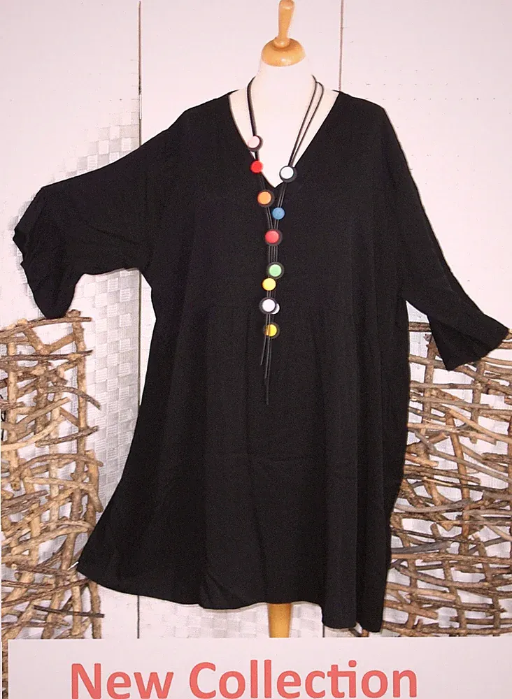 NEW COLLECTION Designer KLEID Tunika OS 52 54 56 schwarz Rockteil in A Linie