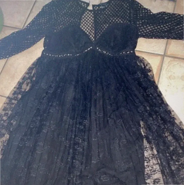 New Look Damen A-Linien-Kleid Schwarz Spitze/Netz Langarm Knielang S