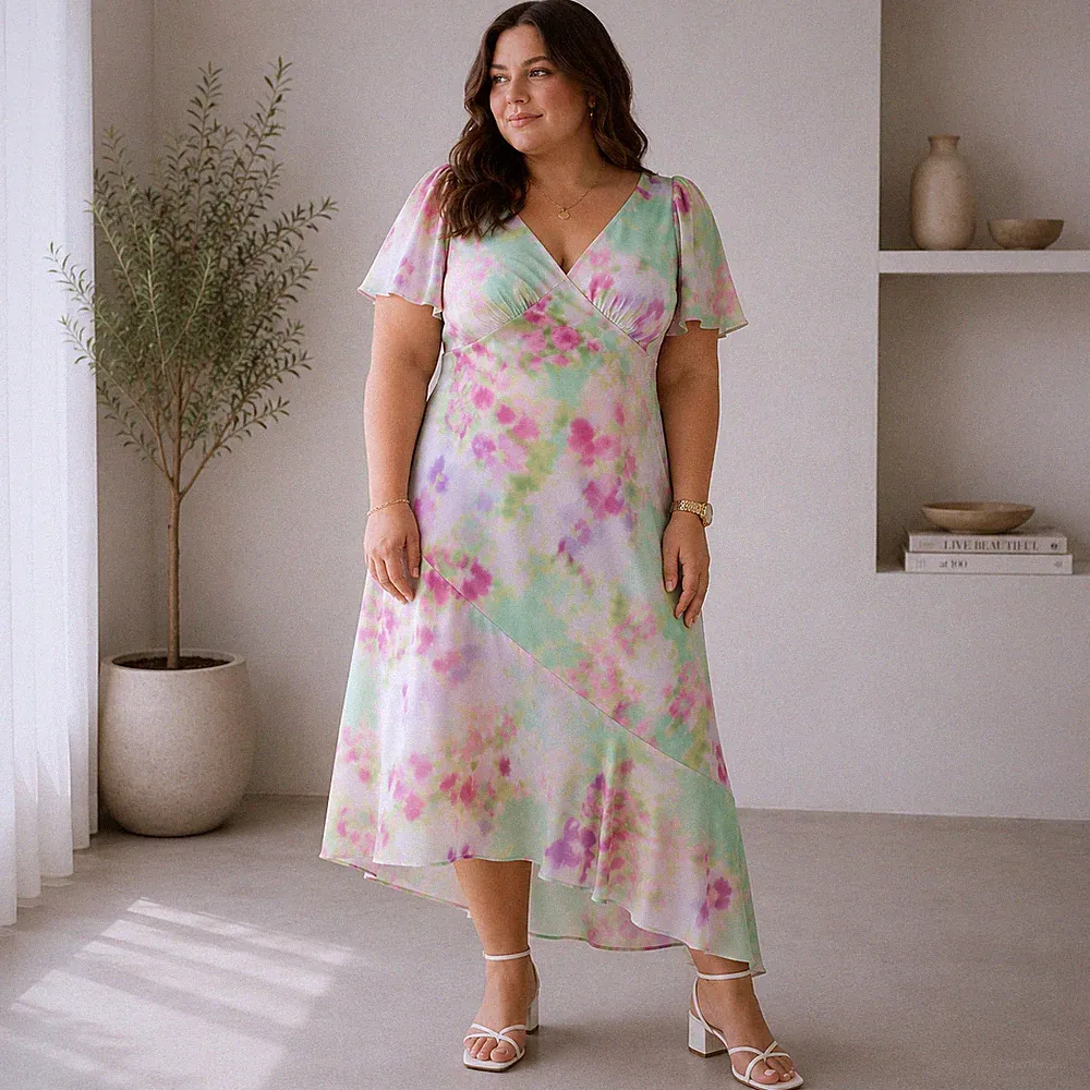 New Look Kleid UK 18 Rosa Grün Abstrakt Batik Midi Sommer Party Hochzeit GFKt