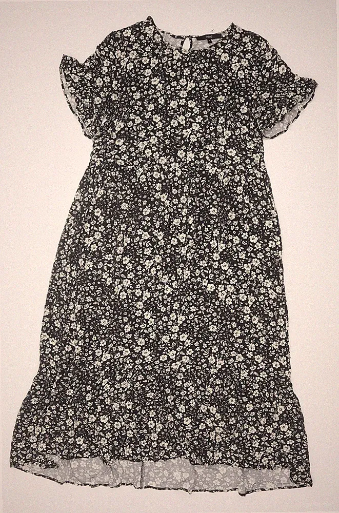 Next Damen schwarz Blumen Midi A-Linie Kleid Größe 10 Kurzarm