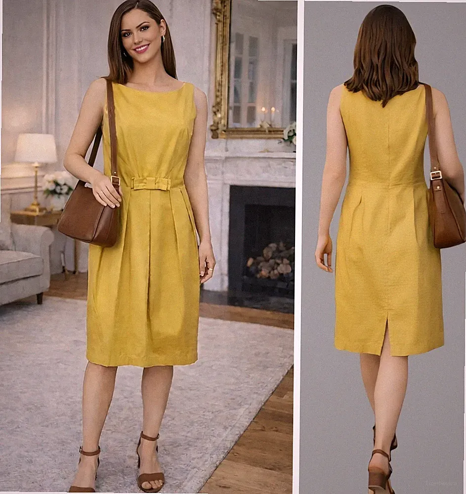 NEXT KLEID GR. 12 SENFGELB ÄRMELLOS ETUIKLEID KNIELANG #1