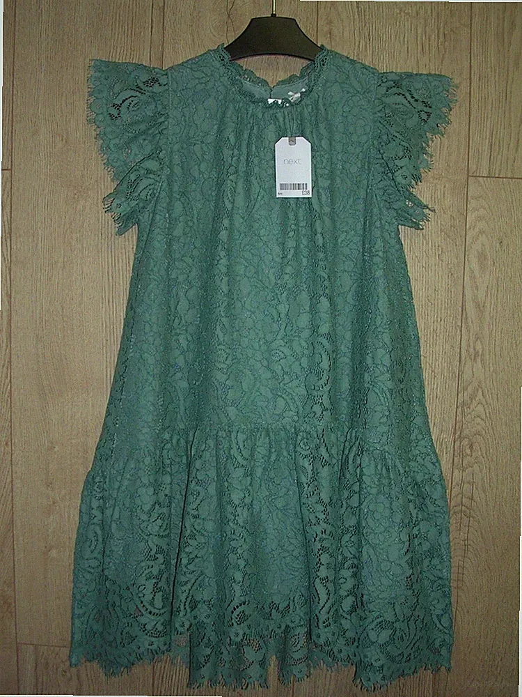Next Mädchenkleid neu salbeigrün Spitze komplett gefüttert Alter 9 134 cm UVP 38 £
