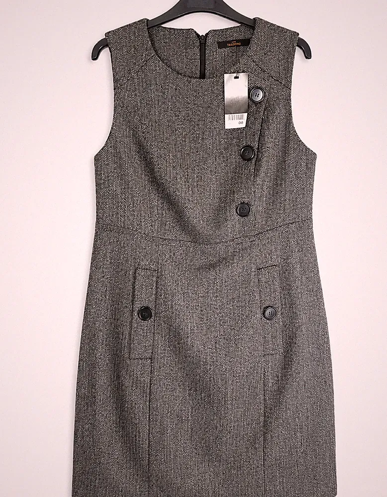 Next Schneiderkleid UK 18 schwarz Fischgrät ärmellos Knopf Taschen Arbeitskleidung