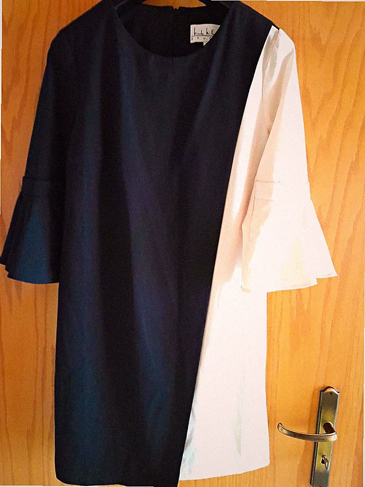 Nicole Miller Studio Etuikleid Schwarz/Weiß Gr 40 Flatterärmel Rundhals Zip