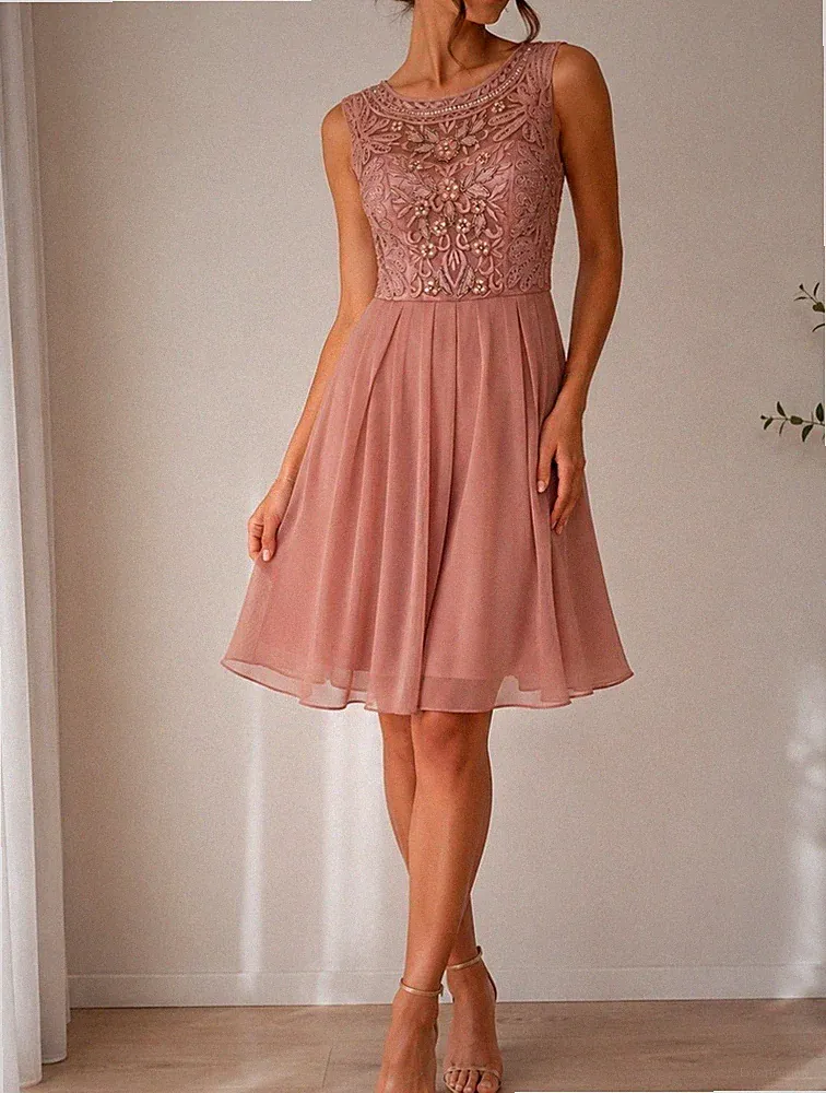Niente Cocktailkleid A-Linie rosa Spitze/Chiffon ärmellos knie S/M