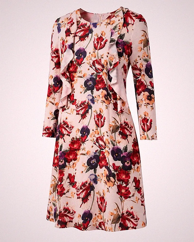 NIFE Damen Kleid Gr. 42 XL Blumen Floral Volant Langarm Etuikleid Multicolor