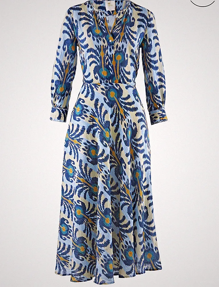 Nimo With Love Ikat Midi-Kleid Gr. 42 Leinen A-Linie 3/4-Arm V-Ausschnitt NP239