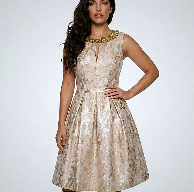 No.1 Jenny Packham Champagner Gold Jacquard Perlen Hochzeit Gast Kleid UK 8 10