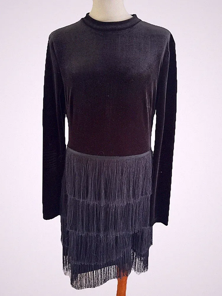 No Name Kleid XS Schwarz Samt Fransen Charlston Langarm Silvester Glamour