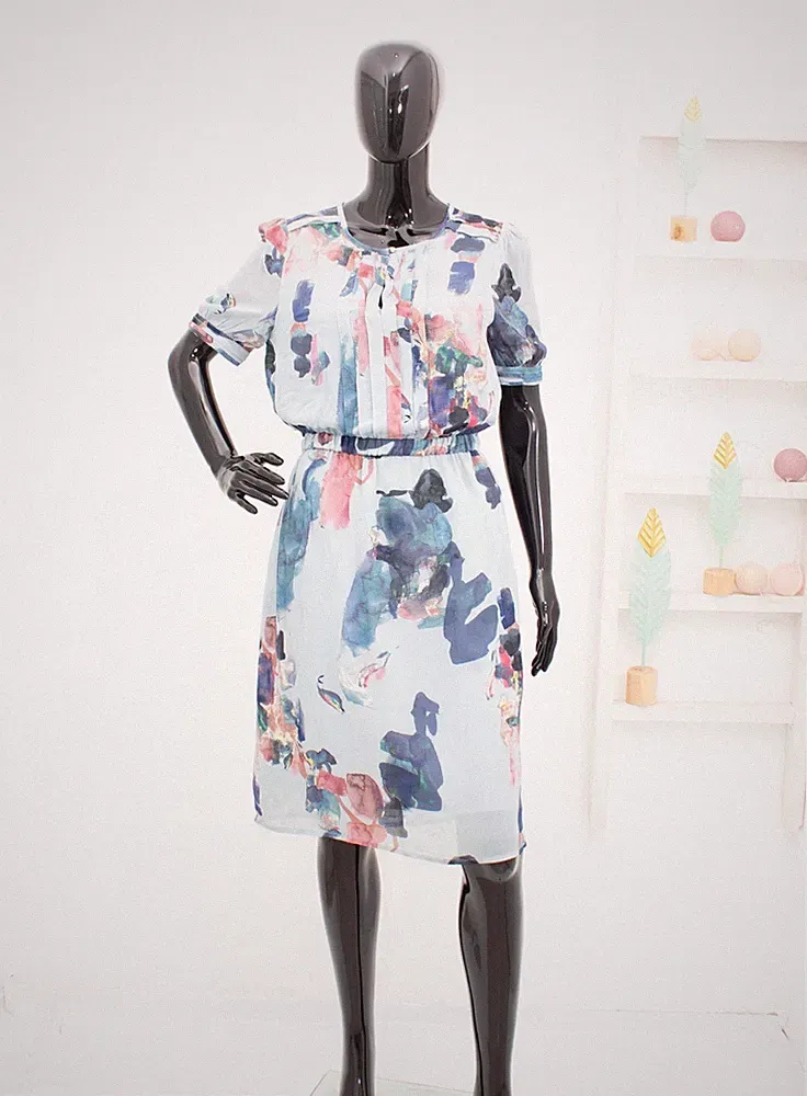 NOA NOA Kleid Blau Muster Plissee Etuikleid Krepp 38 UK12