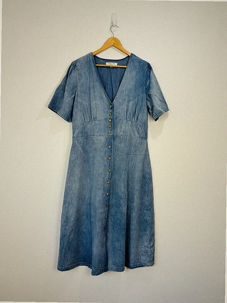 Nobody's Child Kleid Damen Größe 16 Blau Midi Used-Look Denim Geknöpft V-Ausschnitt