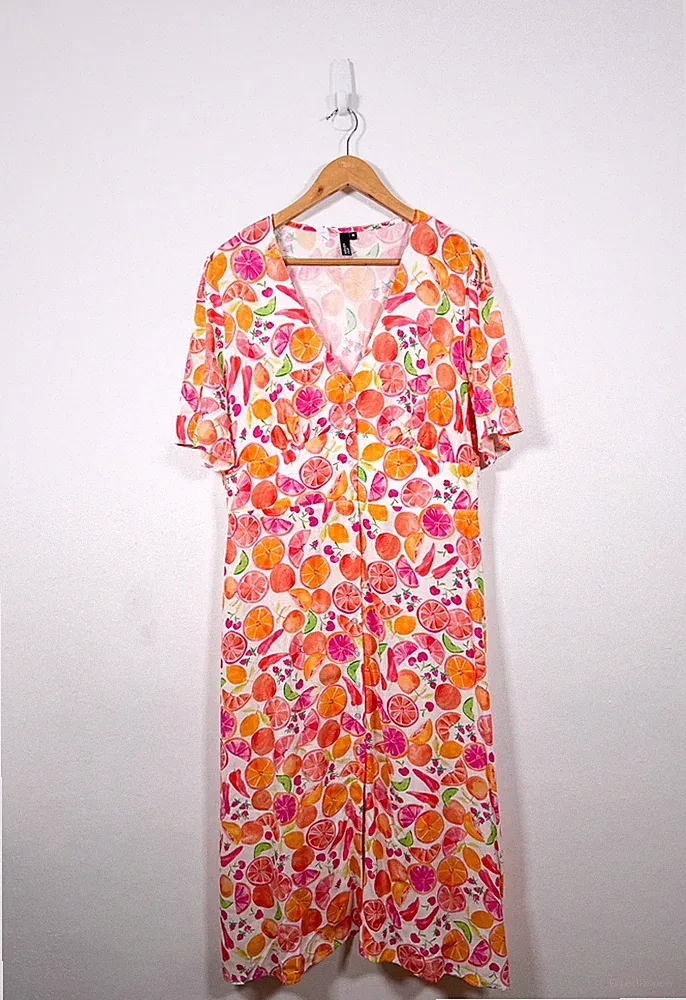 Nobody's Child Kleid Gr. UK 16 Midi Alexa Orange Kirsche Sommer Obst Print Tee