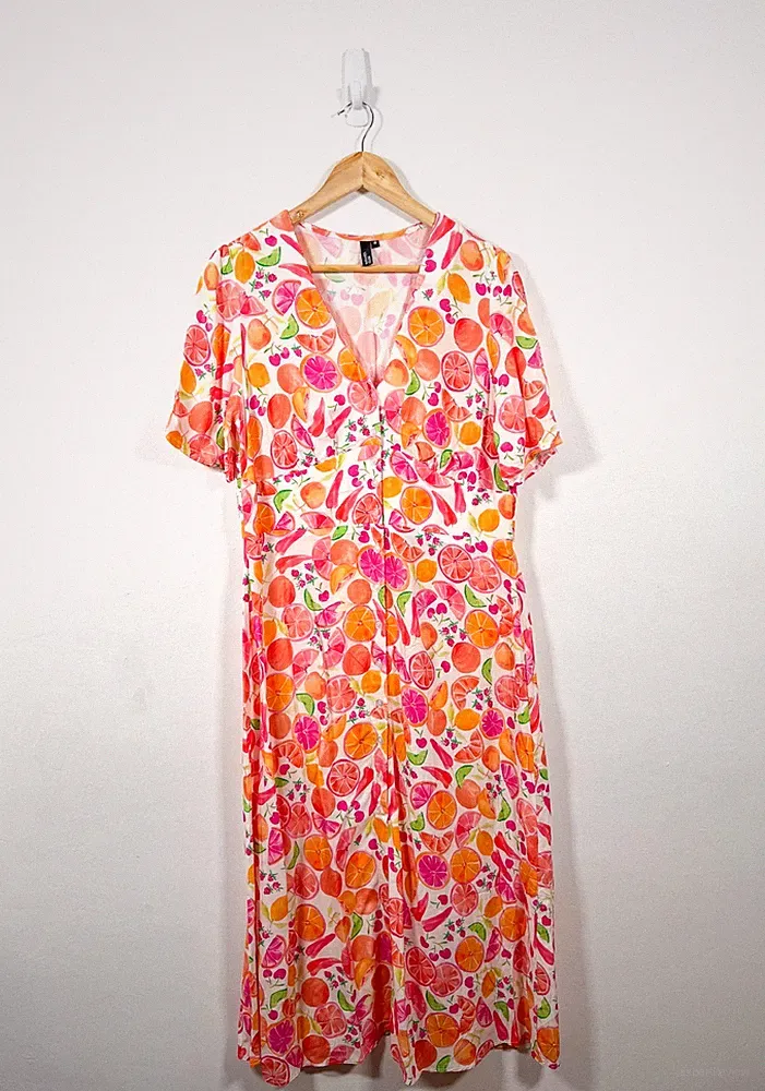 Nobody's Child Kleid UK 16 Midi Alexa Orange Sommer Obst Print Tee Hell A