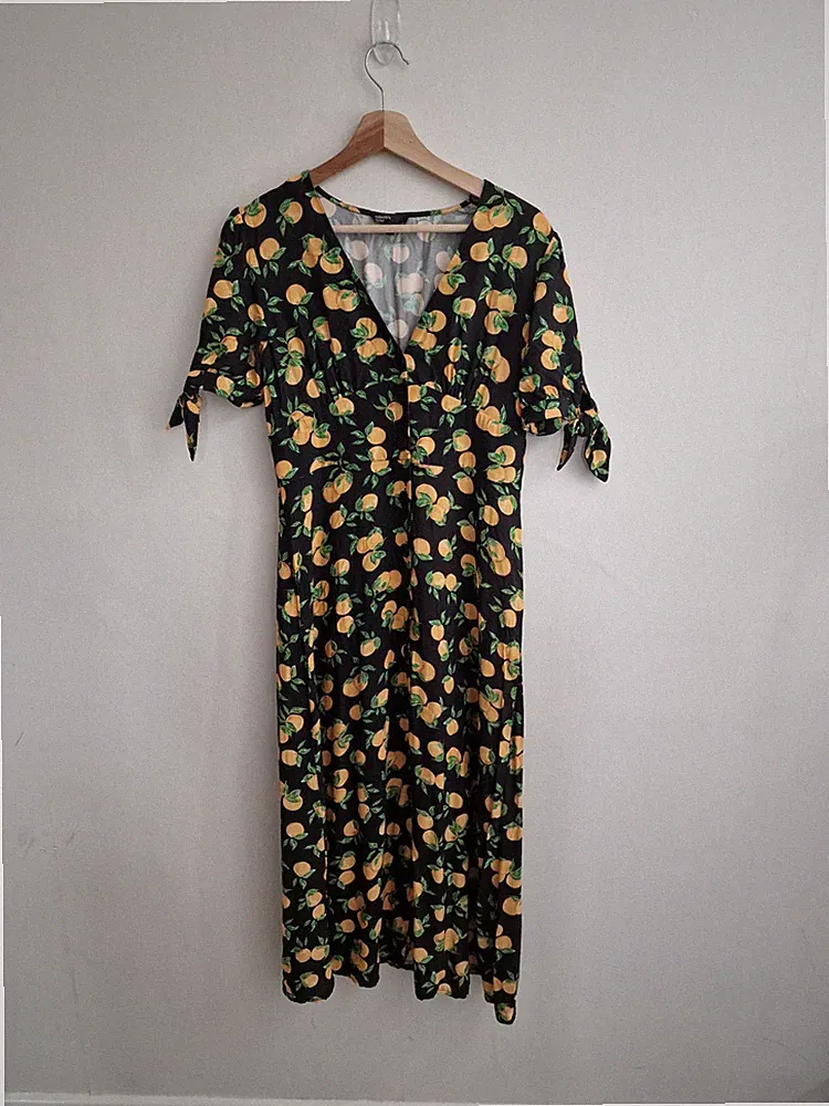 Nobodys Child Damen Kleid Größe 8 Schwarz Orange Fruchtmuster Midi Maxi